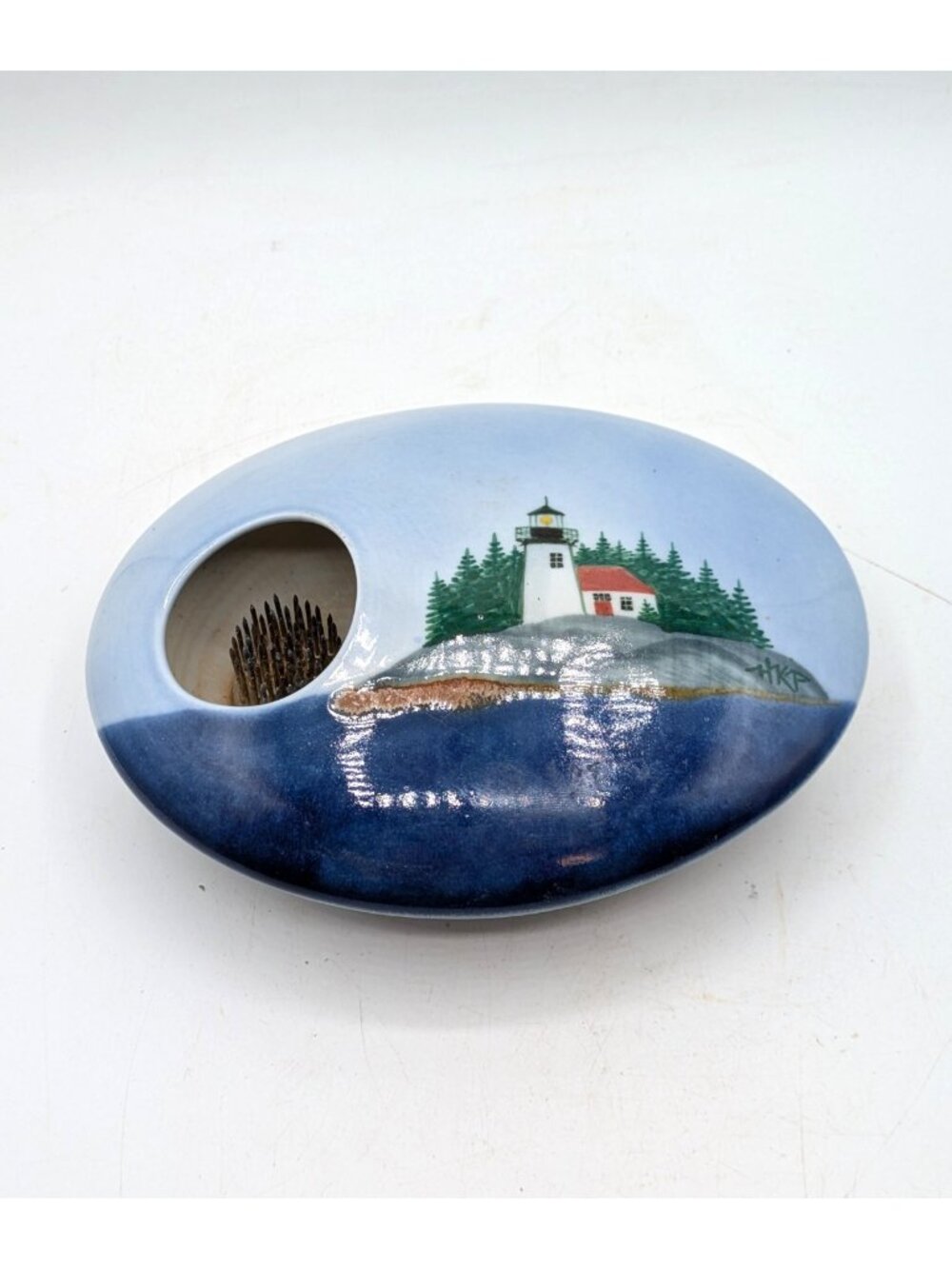 Studio Pottery Ichiban Flower Frog Vase Hand Painted Lighthouse Nautical Signed